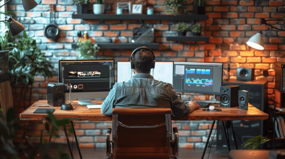 Content creator working at desk with video editing timeline, storyboard sketches, and smartphone showing social media scheduler interface